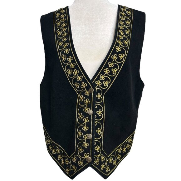 NWOT Vintage Agapo Black Suede Leather Vest W/ Gold Embroidery Size Large - Picture 1 of 6